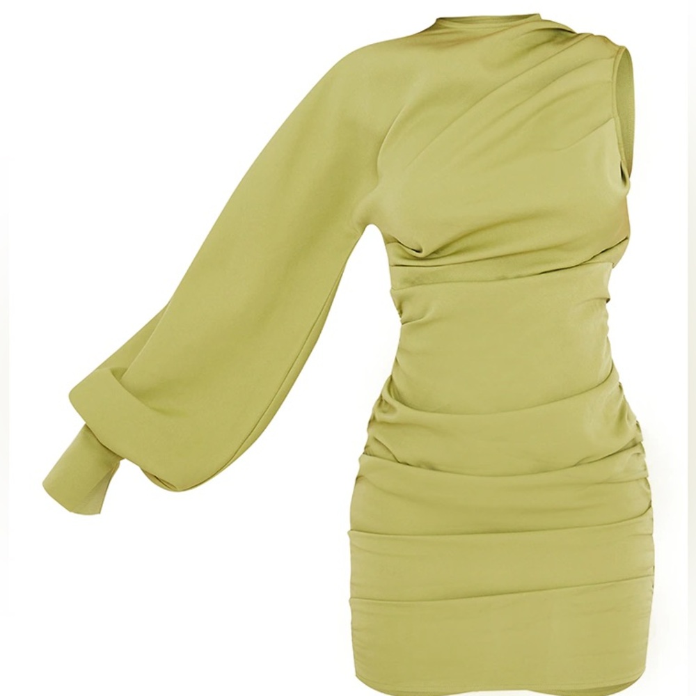 Sage Green One Sleeve Ruched Woven Bodycon Dress
